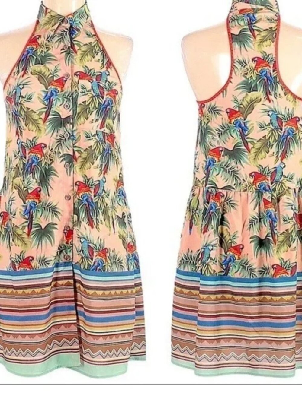 Anthropologie Dream Daily Tropical Parrot Palm Tree Racerback Mini Dress Size S